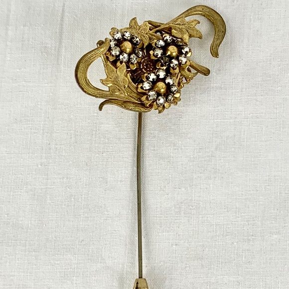 Rare Vintage Stanley Hagler NYC Ornate Swarovski Crystal  Vintage Stanley Hagler Asymmetric Floral Stick Pin Gold Plated Swarovski Crystal
